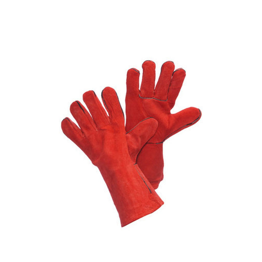 Red split leather welding gloves with double leather palm and Kevlar stitching