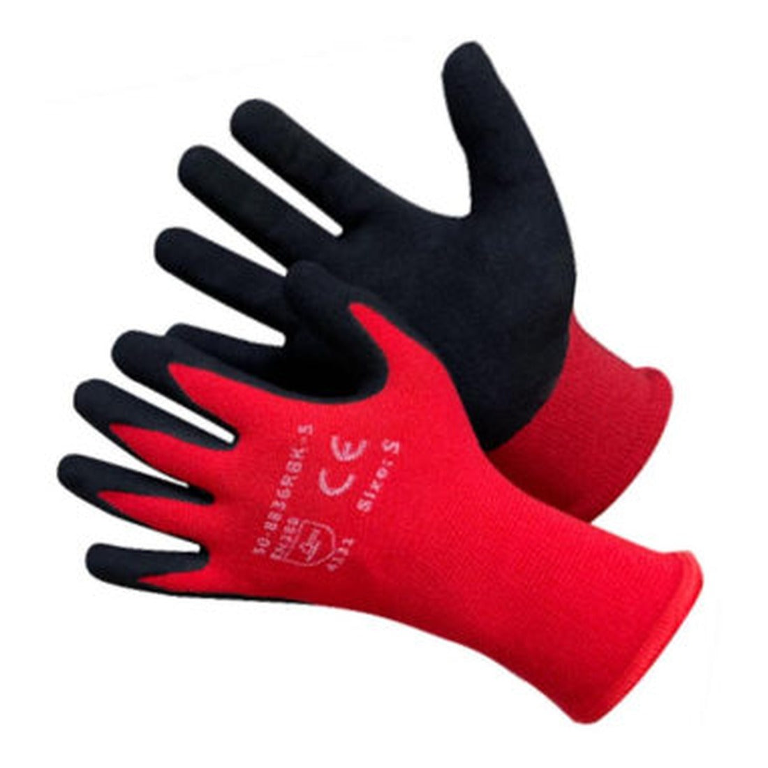 Red nylon work gloves with black sandy nitrile palm