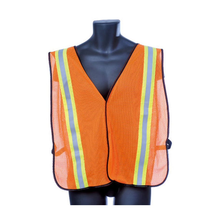 Orange mesh safety vest with reflective stripes and velcro front