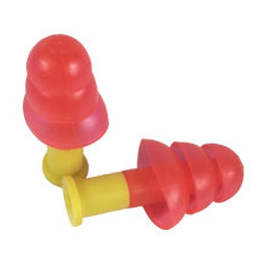 Red and yellow reusable three flange earplugs