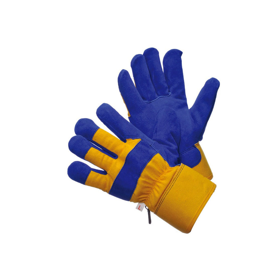 Thermo lined work gloves with blue split leather palm and yellow cotton back