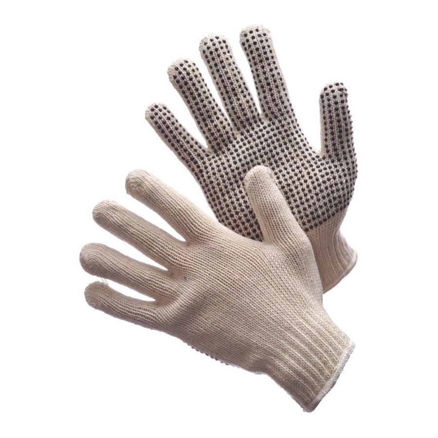 Natural white string knit gloves with PVC dots on both sides