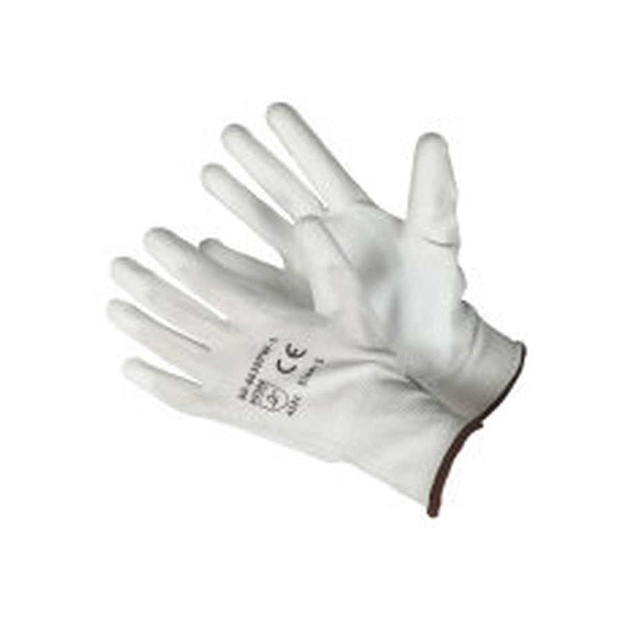 White PU coated work gloves, 13 gauge polyester shell